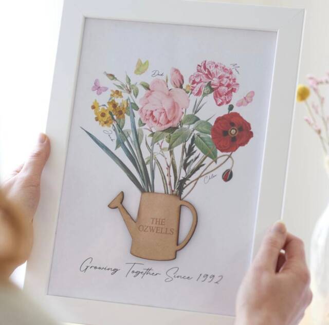 Personalized Birth Flower Family Print Engraved Wooden Watering Can Keepsake - image 1