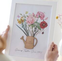 Personalized Birth Flower Family Print Engraved Wooden Watering Can Keepsake - thumbnail 1