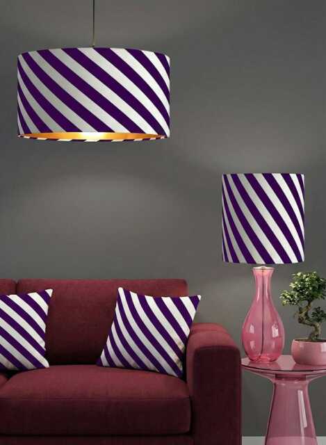 Handmade By Order Plum Purple White Diagonal Strips Lining Print On Velvet Drum Lamp Shade Pendant Light All Shapes & Sizes - image 1
