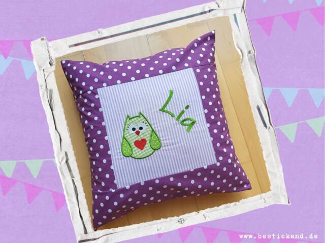 Embroidered Pillow Owl + Name //Lilac// 40x40 Pillowcase Gift Cuddly Cuddle Name - image 1