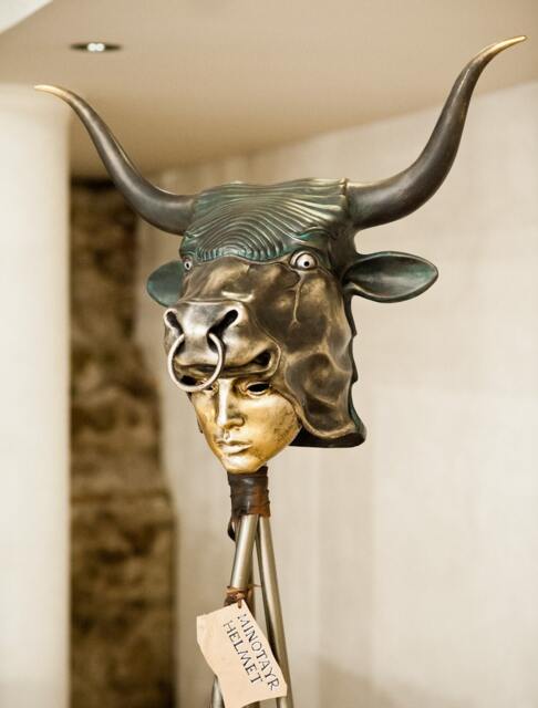Verdigris Minotaur Mask Ancient Greek Helmet Sculpture - image 1