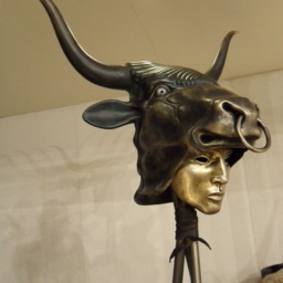 Verdigris Minotaur Mask Ancient Greek Helmet Sculpture - thumbnail 4