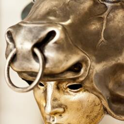 Verdigris Minotaur Mask Ancient Greek Helmet Sculpture - thumbnail 3