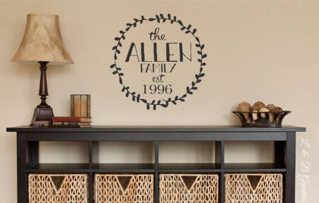 Vinyl Wall Decal-Family Name & Est. Date - Laurel Wreath - Wedding Gift - Initial - Monogram - Family Name - Entryway Decor - Home Decor - image 1