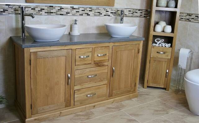 Solid Oak Bathroom Vanity Unit Cabinet Grey Quartz & White Ceramic Basin 603Gqcbc - image 1