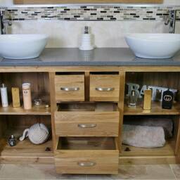 Solid Oak Bathroom Vanity Unit Cabinet Grey Quartz & White Ceramic Basin 603Gqcbc - thumbnail 3
