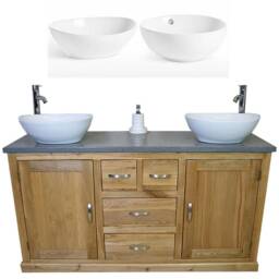Solid Oak Bathroom Vanity Unit Cabinet Grey Quartz & White Ceramic Basin 603Gqcbc - thumbnail 2