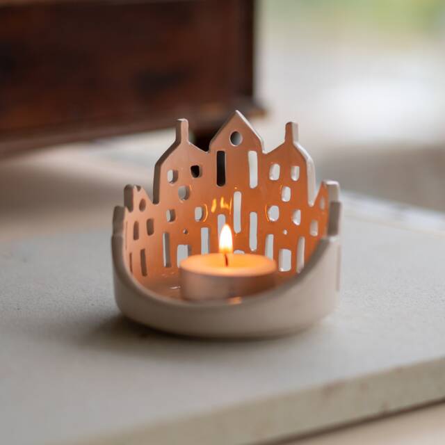 Cityscape Tea Light Holder, Handmade Candle Cozy Ambiance Unique Holiday Gift - image 1