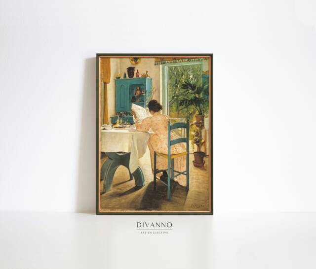 Woman At Breakfast Wall Art, Rustic Kitchen Painting, Reading Canvas, Victorian Decor, Fine Art Reproduction, Printable Digital - image 1