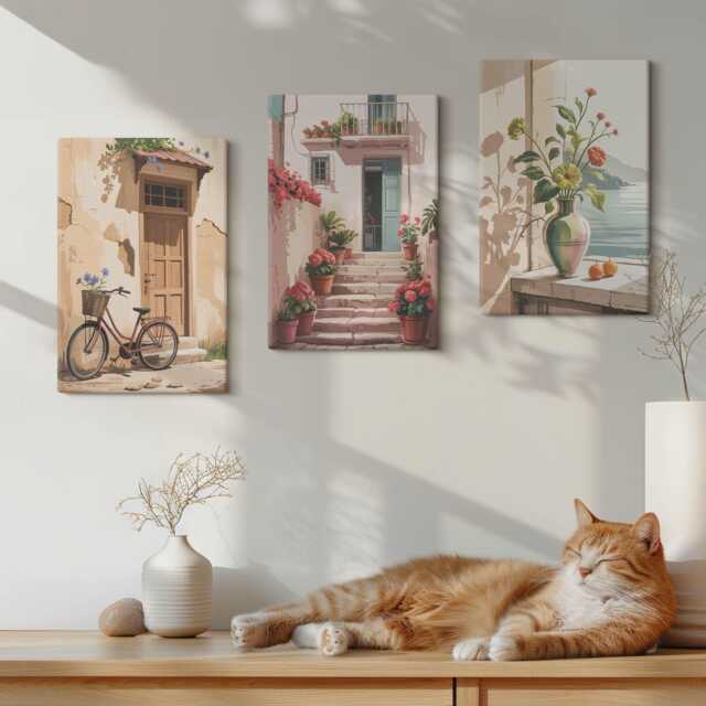 Canvas Art Set Of 3 - Painted Streets With Flowers & A Bicycle, Creamy Wall Canvas, Travels Decor - image 1
