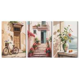 Canvas Art Set Of 3 - Painted Streets With Flowers & A Bicycle, Creamy Wall Canvas, Travels Decor - thumbnail 3