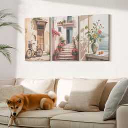 Canvas Art Set Of 3 - Painted Streets With Flowers & A Bicycle, Creamy Wall Canvas, Travels Decor - thumbnail 2