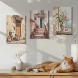 Canvas Art Set Of 3 - Painted Streets With Flowers & A Bicycle, Creamy Wall Canvas, Travels Decor - thumbnail 1