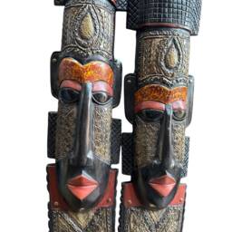 Tall African Fang Mask Set Hand Carved Tribal Wooden Wall Decor - thumbnail 2