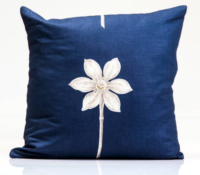 Sanderson Floral Pillow Cover, White Flower On Navy, Designer Throw - image 1