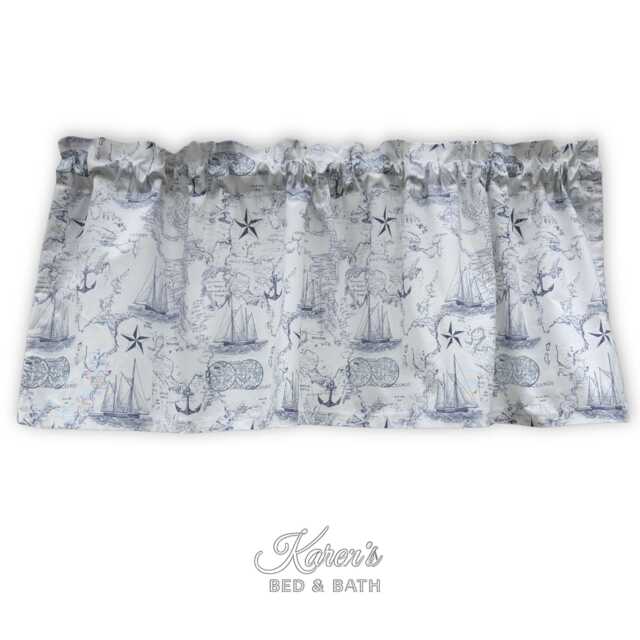 Nautical Kitchen Valance - Navy Sailboats & Ocean Map Outlines On White Farmhouse Country Curtain - image 1
