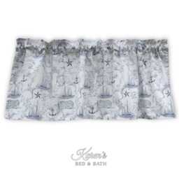 Nautical Kitchen Valance - Navy Sailboats & Ocean Map Outlines On White Farmhouse Country Curtain - thumbnail 1