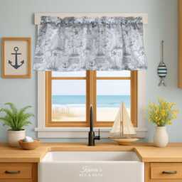 Nautical Kitchen Valance - Navy Sailboats & Ocean Map Outlines On White Farmhouse Country Curtain - thumbnail 2