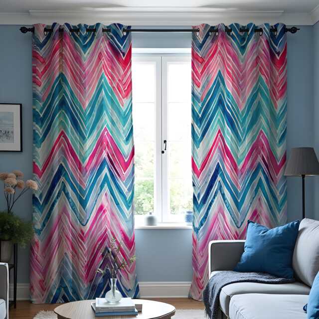 Pink Blue Teal Chevron Curtains, Watercolor Pattern Drapes, Custom Size Window Panels For Living Room Or Bedroom, Bold Modern Style - image 1