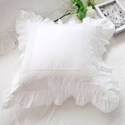 White Cotton Jacquard Pillow Cover Shabby Chic Ruffled Cushion Cover - thumbnail 2