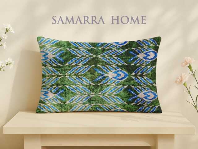 Green Blue Ikat Velvet Throw Pillow Cover - Silk Cushion With Tulip Pattern - image 1