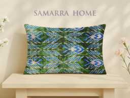 Green Blue Ikat Velvet Throw Pillow Cover - Silk Cushion With Tulip Pattern - thumbnail 1
