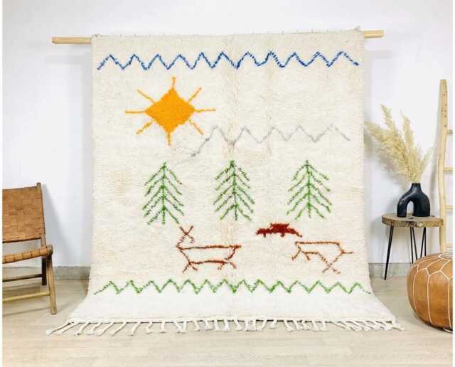 Ivory Moroccan Berber Rug, Handwoven Wool Shag Rug With Wildlife Scene, Authentic Beni Ourain Carpet, Large Area Boho Nursery Rug - image 1