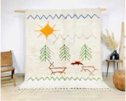 Ivory Moroccan Berber Rug, Handwoven Wool Shag Rug With Wildlife Scene, Authentic Beni Ourain Carpet, Large Area Boho Nursery Rug - thumbnail 1