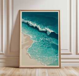 Ocean Wave Poster, Aerial Beach Print, Coastal Wall Art, Turquoise Sea Foam Shoreline Illustration, Minimalist Modern Seascape Decor - thumbnail 1