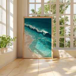 Ocean Wave Poster, Aerial Beach Print, Coastal Wall Art, Turquoise Sea Foam Shoreline Illustration, Minimalist Modern Seascape Decor - thumbnail 2