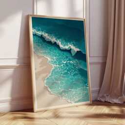 Ocean Wave Poster, Aerial Beach Print, Coastal Wall Art, Turquoise Sea Foam Shoreline Illustration, Minimalist Modern Seascape Decor - thumbnail 3