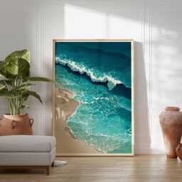 Ocean Wave Poster, Aerial Beach Print, Coastal Wall Art, Turquoise Sea Foam Shoreline Illustration, Minimalist Modern Seascape Decor - thumbnail 4
