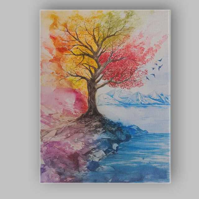 Watercolour Four Seasons Tree Mountain Lake Landscape Canvas Wall Art Print Decor Picture Ready To Hang - image 1