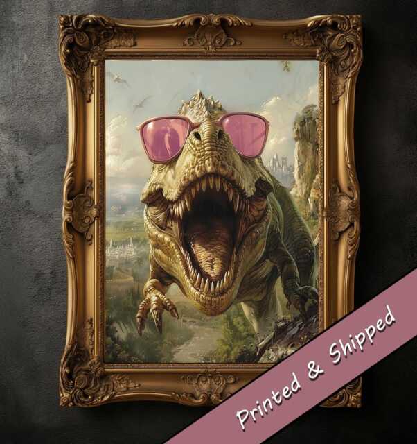 Funny T-Rex Dinosaur Art Print, Pink Sunglasses, Kids Room - image 1