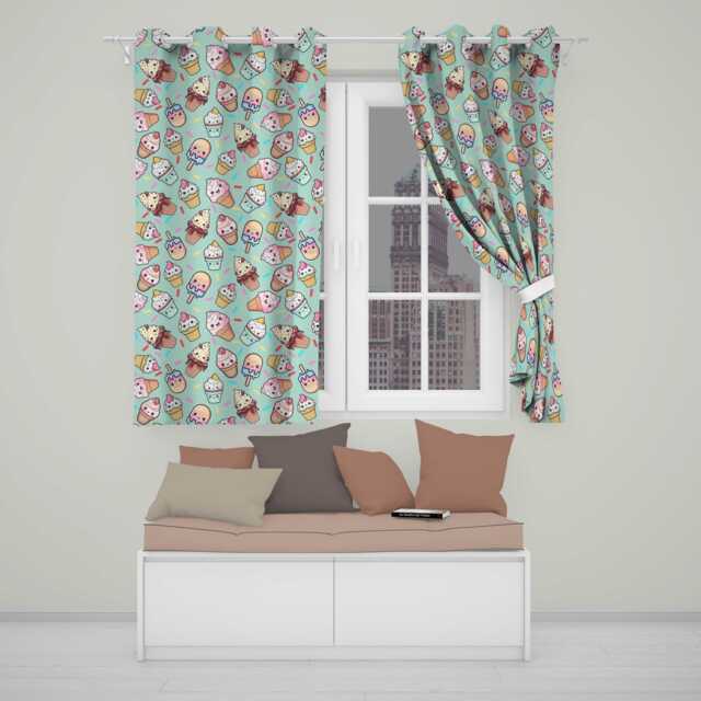 Cute Kawaii Ice Cream Desserts On Mint Background Seamless Pattern Readymade Eyelet Ring Top Thermal 100% Blackout Curtains - image 1