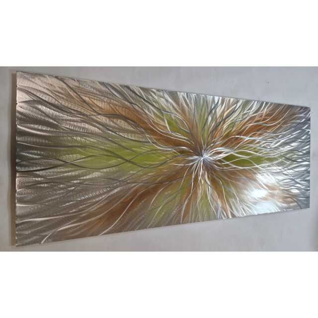 Modern, Abstract, Contemporary Metal Wall Art, Sculpture, 3D Effect, By R Toomer Art. Titled Super Nova. Silver, Golden Brown & Green - image 1
