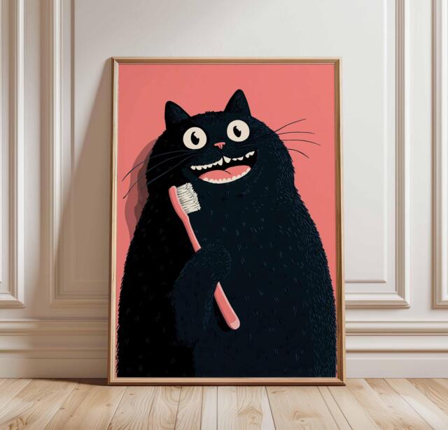 Funny Cat Poster, Black Bathroom Art, Quirky Animal Wall Print, With Toothbrush, Whimsical Illustration, Cute Feline Decor - image 1