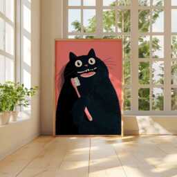 Funny Cat Poster, Black Bathroom Art, Quirky Animal Wall Print, With Toothbrush, Whimsical Illustration, Cute Feline Decor - thumbnail 3