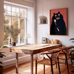 Funny Cat Poster, Black Bathroom Art, Quirky Animal Wall Print, With Toothbrush, Whimsical Illustration, Cute Feline Decor - thumbnail 2