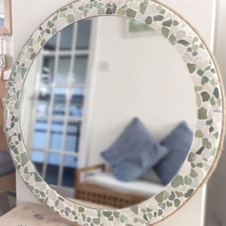 Large Round Green Sea Glass Mirror Isle Of Wight Beach Home Decor Natural Nautical Wall Hanging Beautiful Style Bathroom Mosaic - thumbnail 2