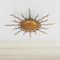 1940S Spanish Brutalist Sunburst Light Fixture in Wrought Gilt Iron Sun Flush Mount 2 Mid Century Modern Raw Brass - thumbnail 3