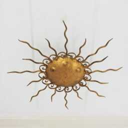 1940S Spanish Brutalist Sunburst Light Fixture in Wrought Gilt Iron Sun Flush Mount 2 Mid Century Modern Raw Brass - thumbnail 2