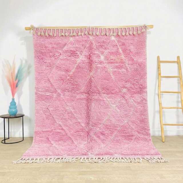 Moroccan Pink Berber Rug, Handwoven Wool Shag Rug With Diamond Lattice, Authentic Beni Ourain Style Carpet, Large 9x12 Area - image 1