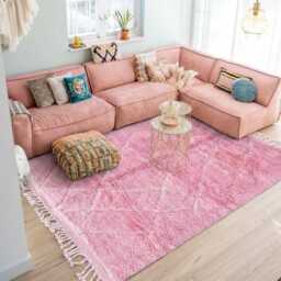 Moroccan Pink Berber Rug, Handwoven Wool Shag Rug With Diamond Lattice, Authentic Beni Ourain Style Carpet, Large 9x12 Area - thumbnail 3