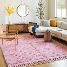 Moroccan Pink Berber Rug, Handwoven Wool Shag Rug With Diamond Lattice, Authentic Beni Ourain Style Carpet, Large 9x12 Area - thumbnail 2