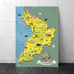 Ayrshire Map - Pictorial Poster Ayr Saltcoats Prestwick Girvan Largs Beith Kilmarnock Calmellington Alloway Cumnock - thumbnail 1