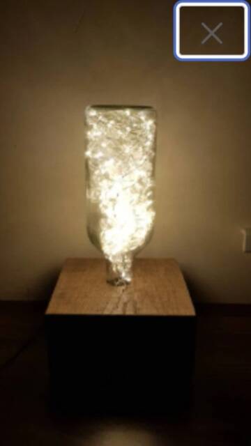 Recycled Bottle Side Lamp, Fairy Lights, Solid Oak Base