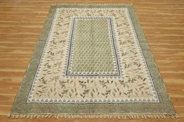 Green Hand Block Printed Cotton Rug, Washable Dhurrie - image 1