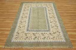 Green Hand Block Printed Cotton Rug, Washable Dhurrie - thumbnail 1
