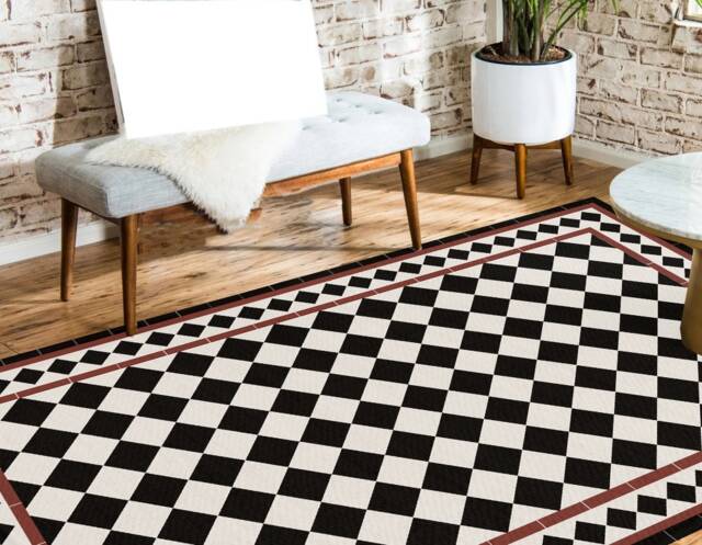 Black & White Geometric Vinyl Floor Mat Kitchen Rug - image 1